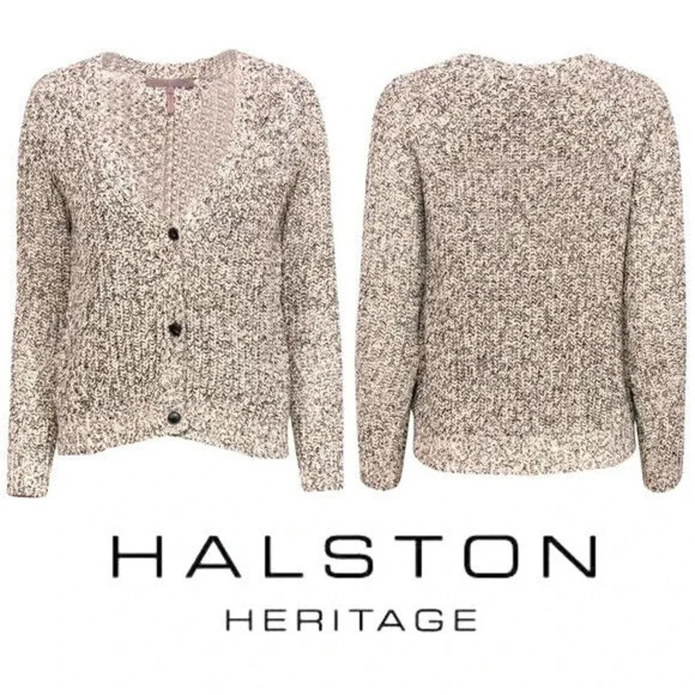 Halston Heritage Beige & Black Heathered Knit Button Front V-Neck Cardigan Small